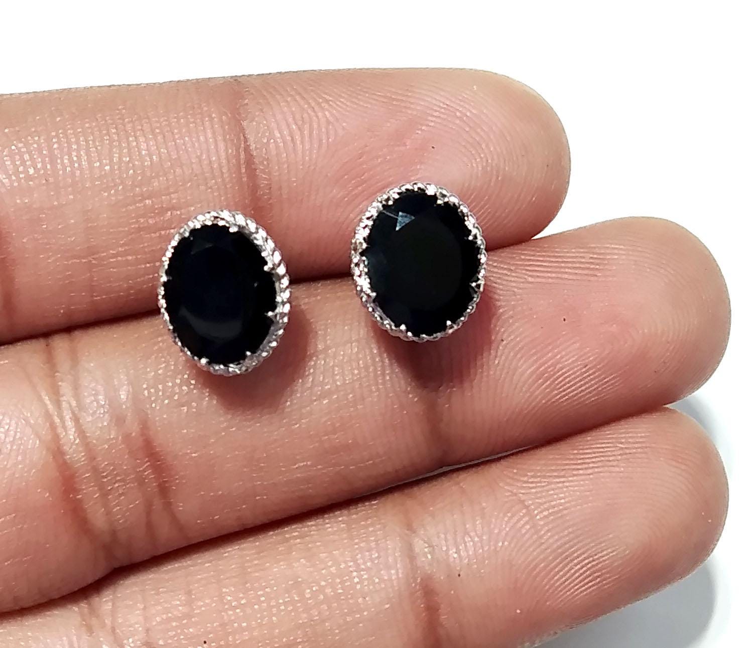 Black Onyx Faceted Stud Earrings, 925 Starling Silver Design Earring, Natural Black Onyx Gemstone Oval Shape Stone Size 9x7mm Christmas Gift